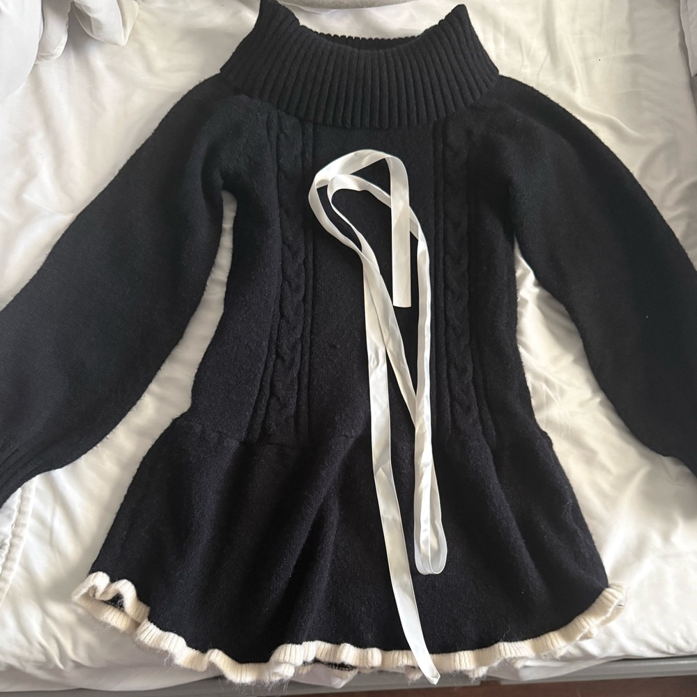Elegant Black Sweater Dress with White Accents